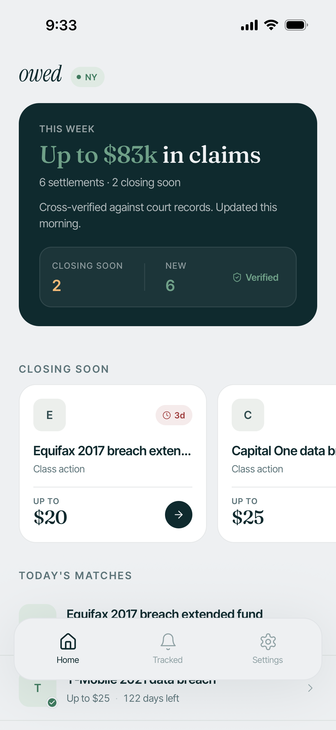 The owed app home screen, showing up to $83k in claims this week across 6 settlements.