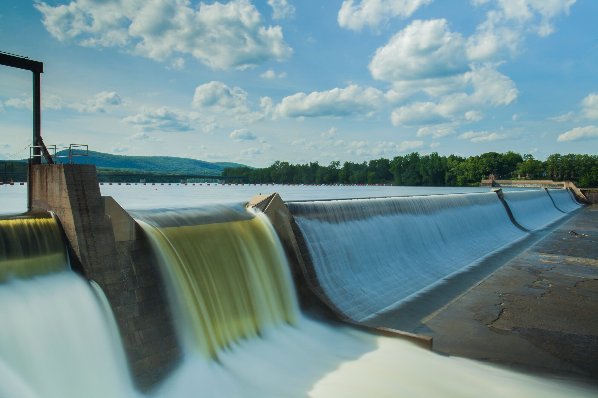 Water flowing over a hydroelectric weir