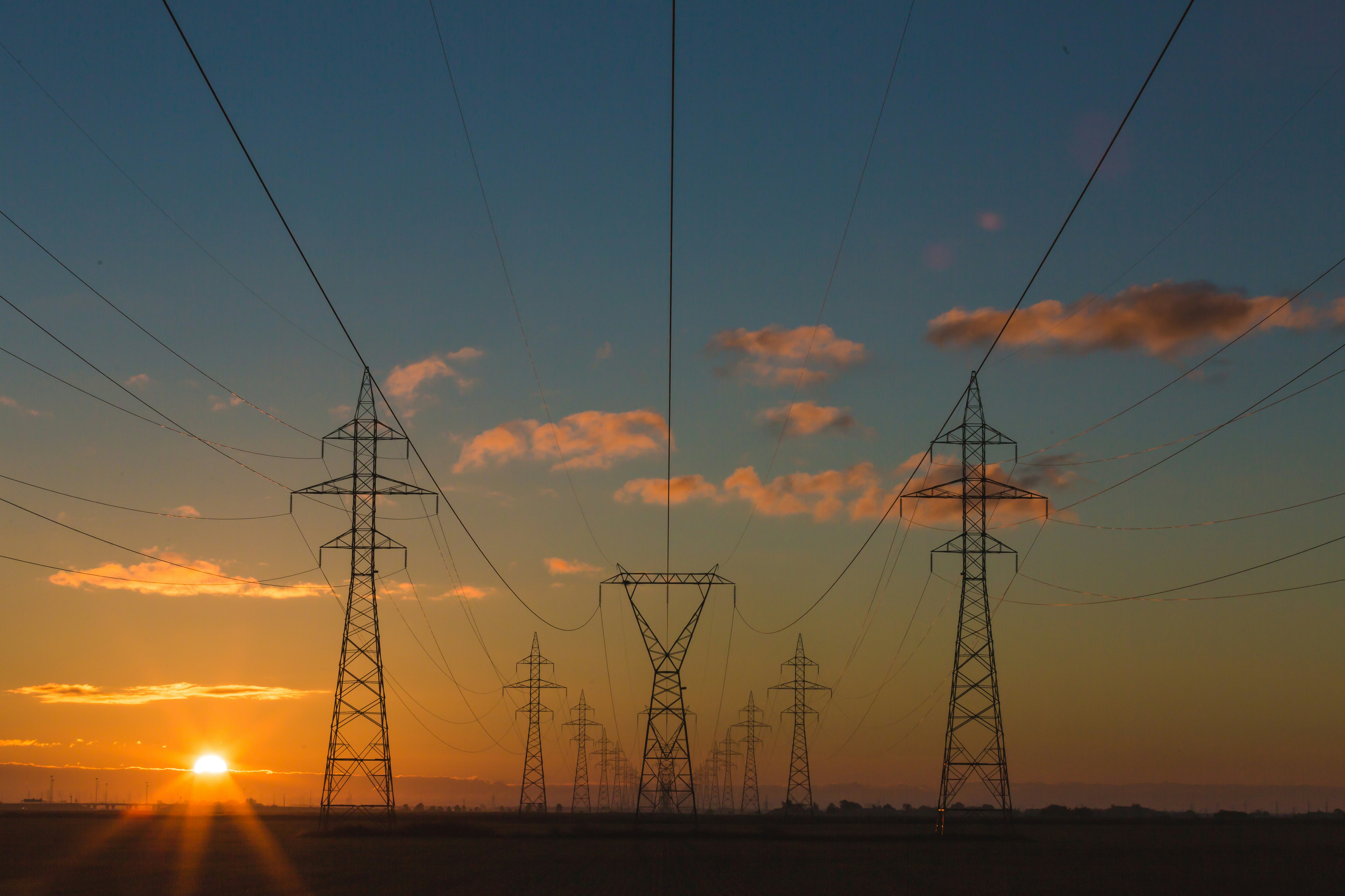 Transmission pylons at dusk